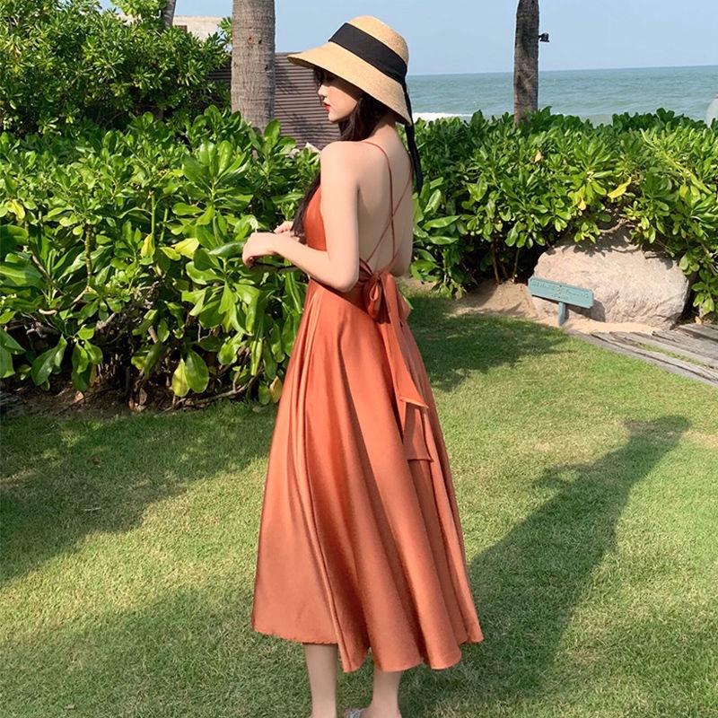 Đầm Hai Dây Dáng Dài Vải Satin Thời Trang Đi Biển Mùa Hè Quyến Rũ Cho Nữ