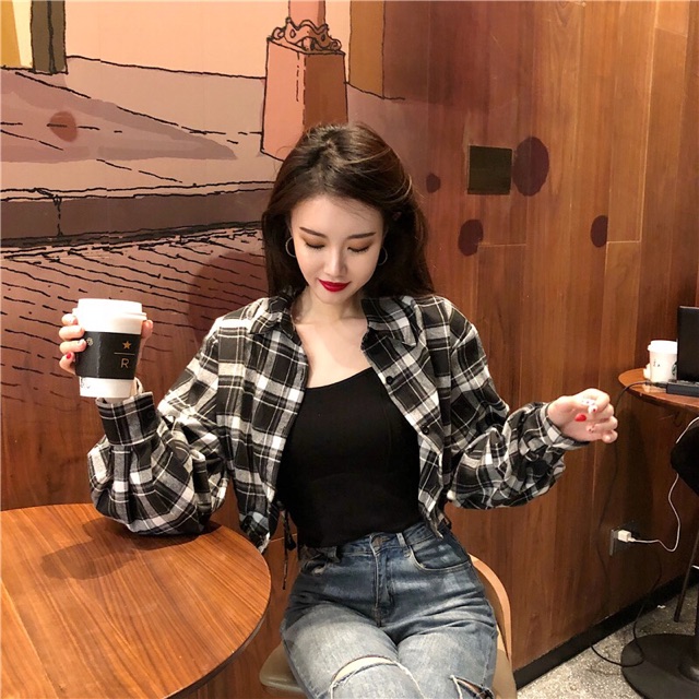 (Order/Video thật) Áo croptop sơ mi kẻ caro dài tay sexy cá tính ulzzang