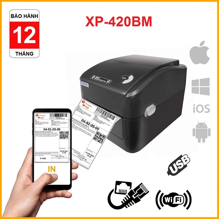 Máy in Xprinter XP-420BM ( USB + LAN) in đơn hàng, tem nhãn vận chuyển bằng điện thoại, máy tính, Macbook qua  LAN