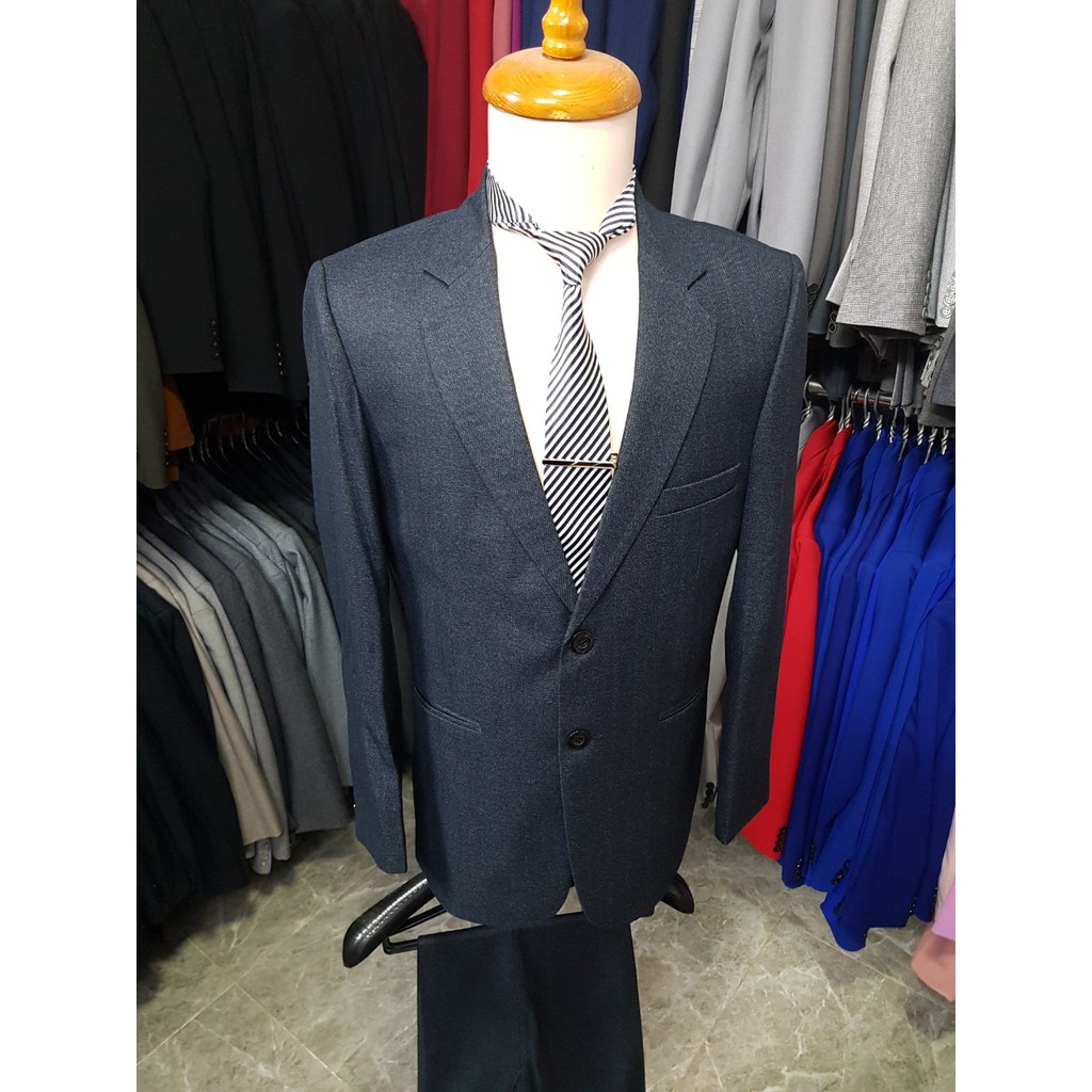 Bộ vest nam 2 nút màu xanh đen form suông tặng kèm cà vạt kẹp