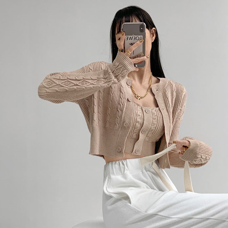 Áo Cardigan Dệt Kim Mỏng Hai Mảnh Thời Trang Xuân Thu Phong Cách Retro