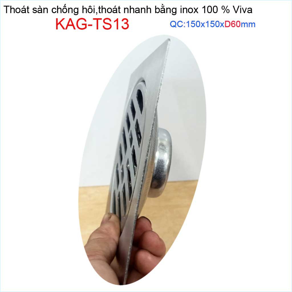 Hố ga thoát sàn Viva ống D60-6cm Inox mờ, phễu thoát nước chống hôi D60 vuông 15x15cm KAG-TS13