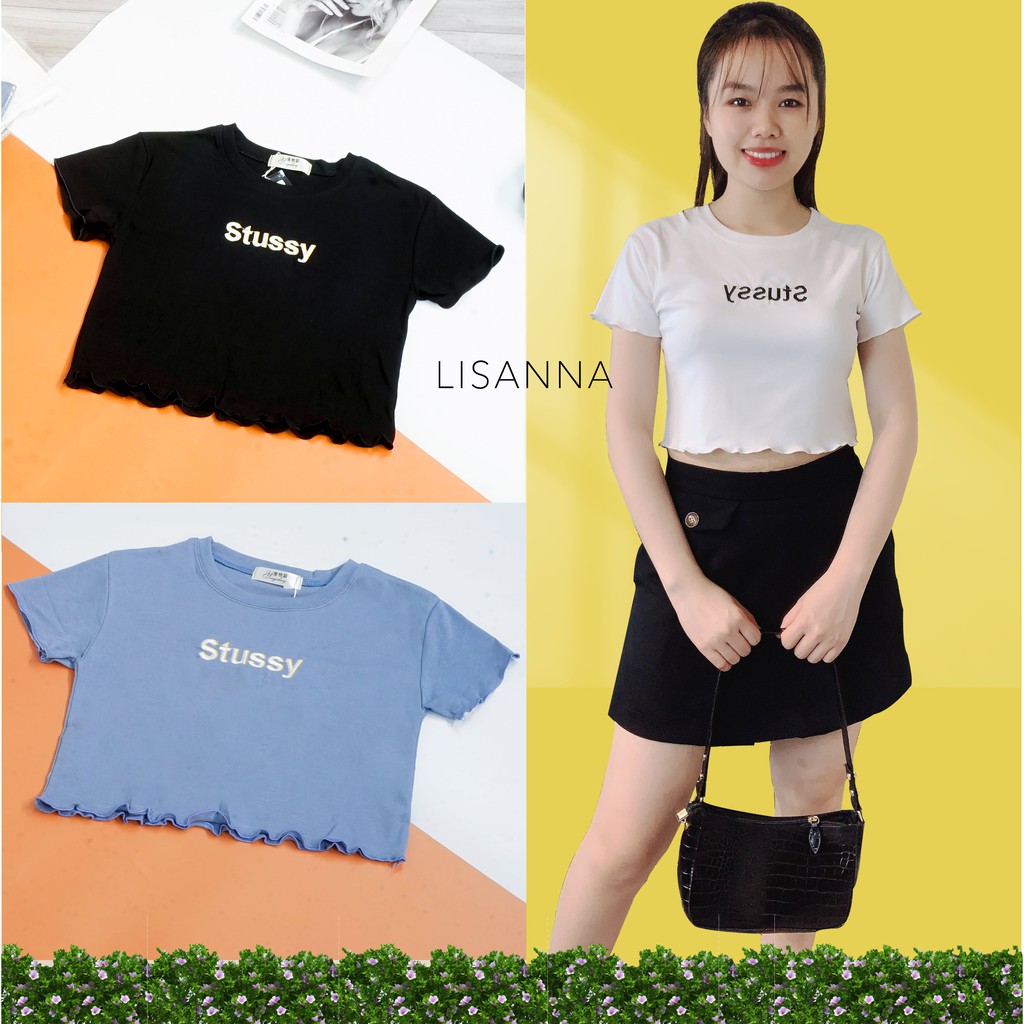 Áo thun croptop thêu chữ Stussy LISANNA bozip loại 1