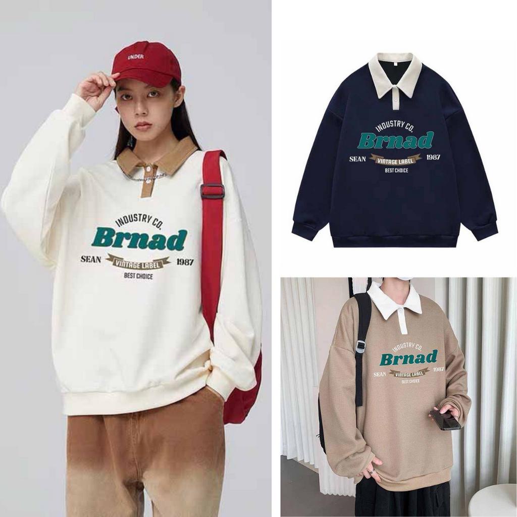 Áo Sweater Unisex Tay Dài Brnad Form Rộng Vải Nỉ Bông Cổ Polo Phong Cách Ulzzang