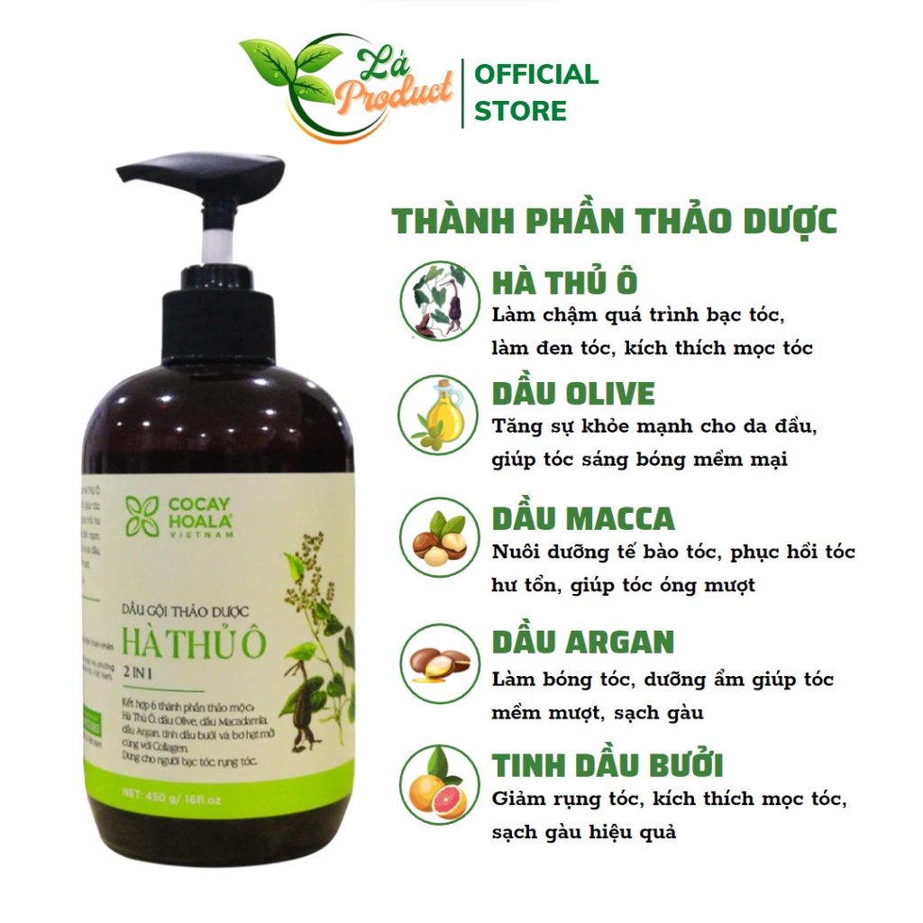Dầu gội thảo dược hà thủ ô 2in1 giảm ngứa da đầu, giảm rụng tóc bạc tóc, làm sạch gàu cỏ cây hoa lá 300g 450g