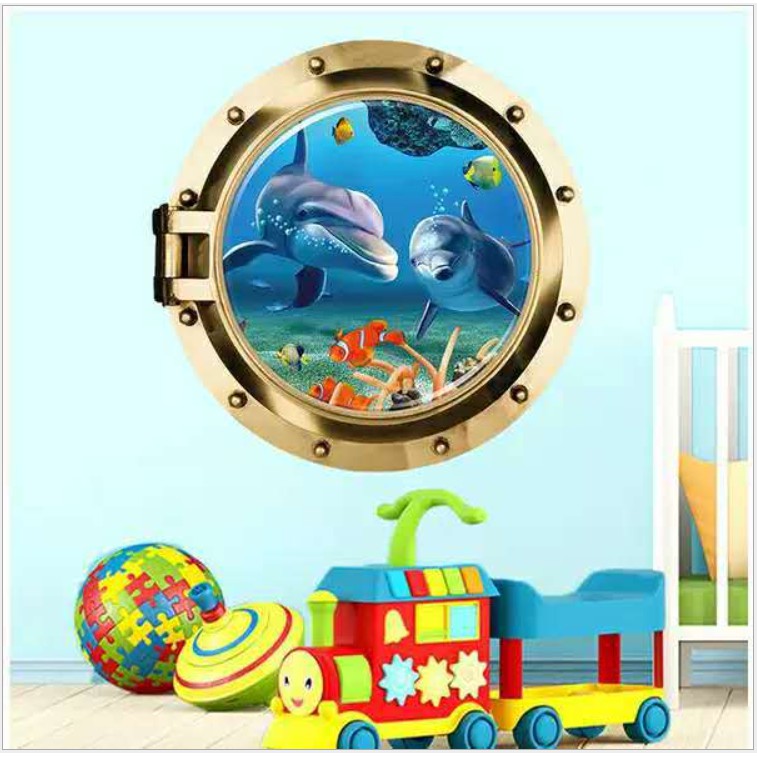 decal trang trí khuôn cửa cá heo xanh