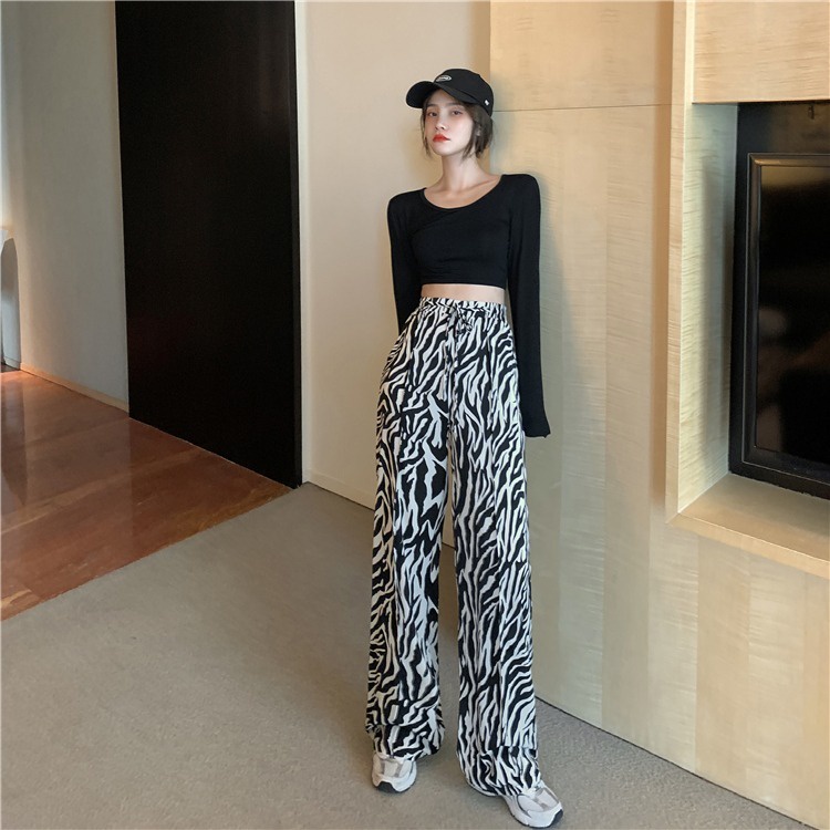 Quần Dài Lưng Cao Ống Rộng Họa Tiết Ngựa Vằn Thời Trang Mùa Hè Cho Nữ