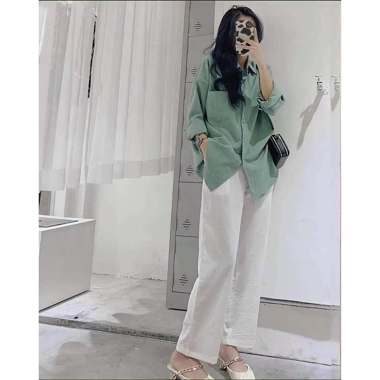 Set áo sơ mi TRẮNG dài tay kèm quần ống rộng chất thô đũi mát mịn phong cách ulzzang hàn quốc