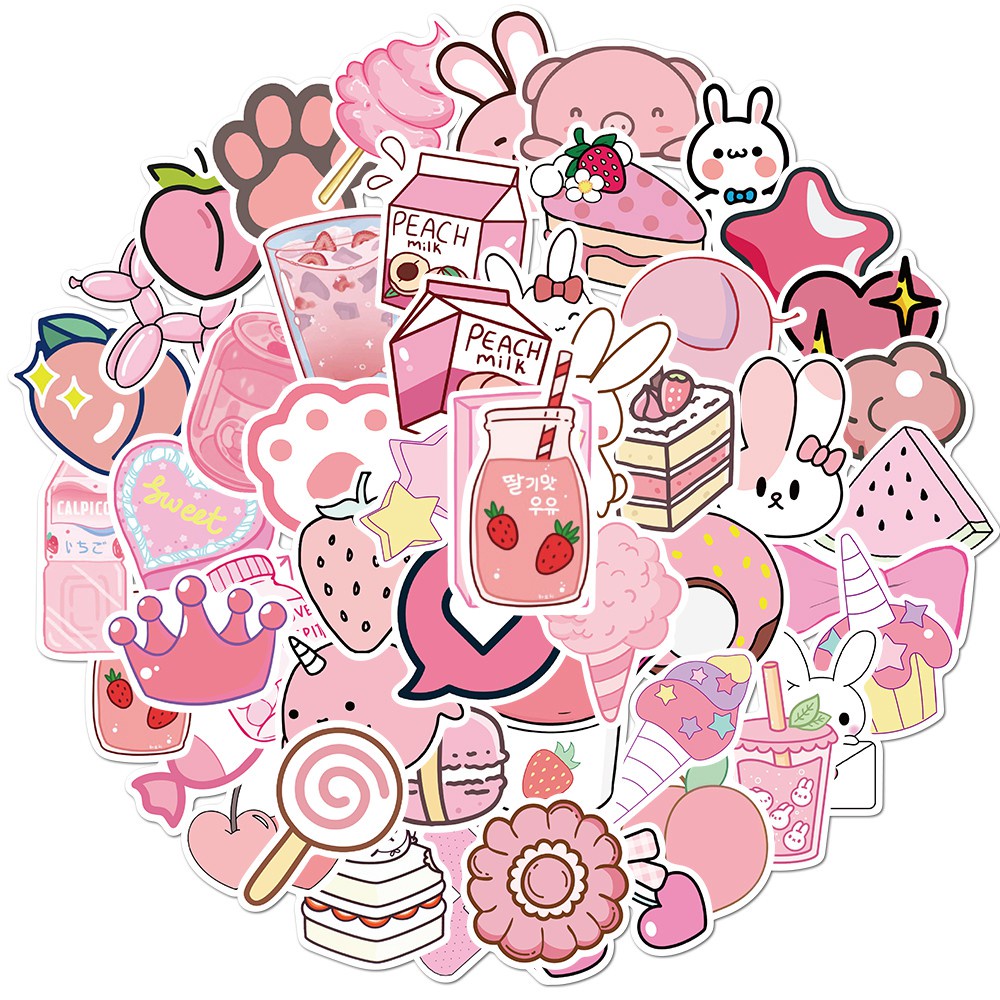 Set 50 chiếc sticker chống thấm nước MÀU HỒNG NGỌT NGÀO DỄ THƯƠNG dán mũ bảo hiểm laptop vali xe máy đàn guitar tường