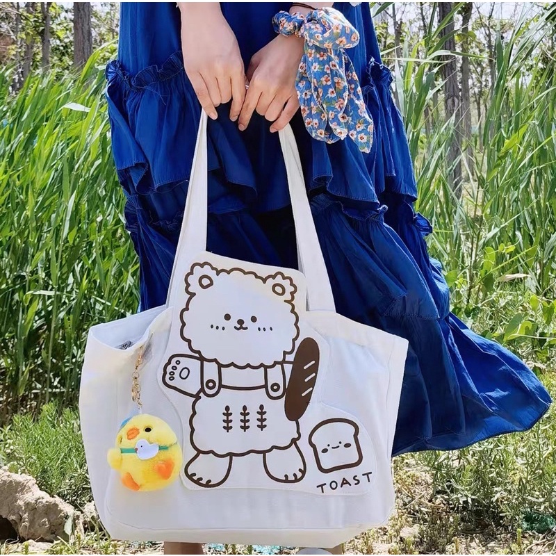 Túi Tote Đeo Vai Hình Gấu Cầm Bánh Mì Siêu Đáng Yêu