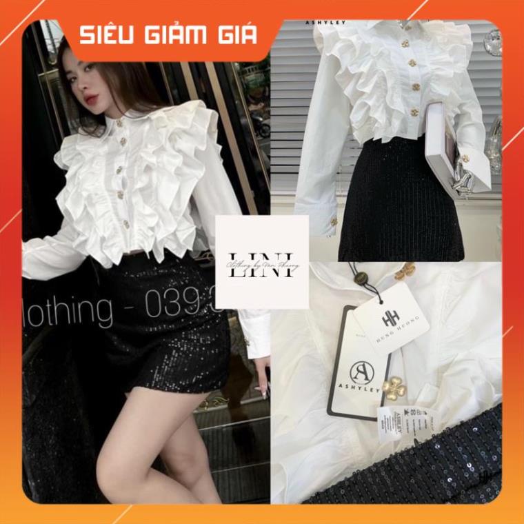 SET ÁO SƠ MI CỔ BÈO CÚC ĐỒNG MIX CHÂN VÁY KIM SA ASHYLEY