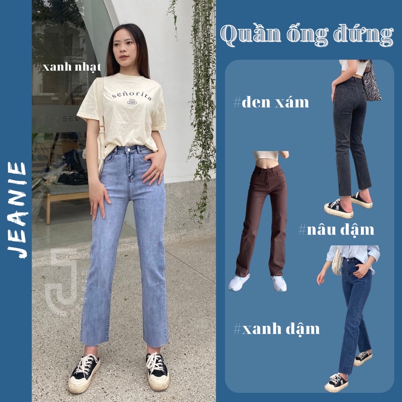 Quần jean nữ ống đứng lưng cao, form ống suông chất bò đẹp co dãn tốt