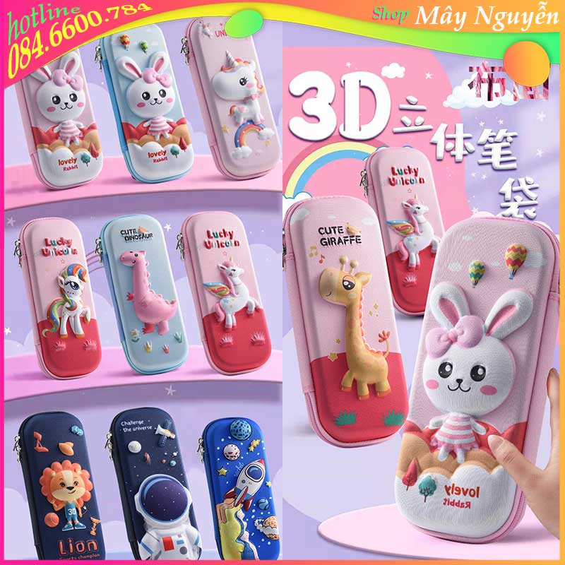 Hộp Bút Hoạt Hình 3D Chia 2 Ngăn Cỡ Lớn Chất Vải Mịn Cứng Cáp Chống Sốc Dễ Thương Nhiều Màu Dành Cho Học Sinh Tiểu Học