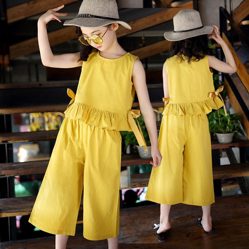 Bộ Áo Thun Không Tay + Quần Dài Dáng Rộng Chất Liệu Cotton Thời Trang Mùa Hè Dành Cho Bé Gái 5-12 Tuổi