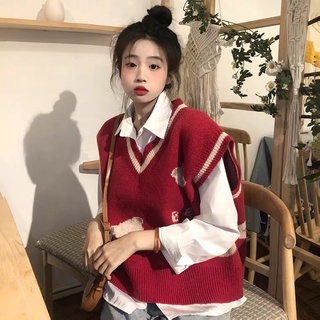  Áo gile len gấu nữ  áo gile noel xinh xắn dáng ngắn Bear màu đỏ dành cho nữ 017 