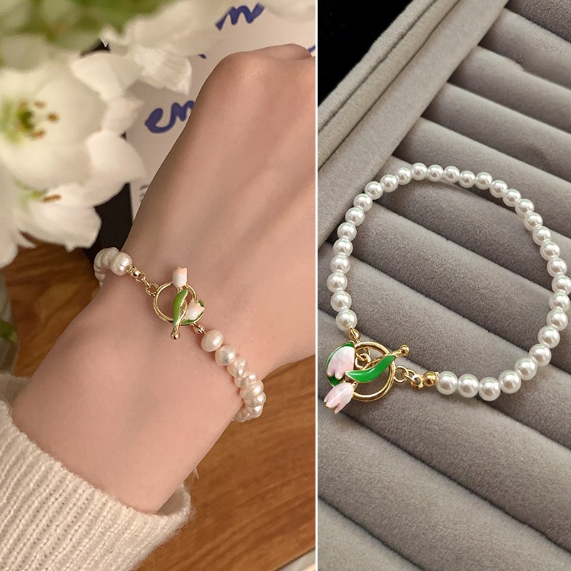 Vòng đeo tay MANYUE mặt hoa tulip đính ngọc trai giả sang trọng phong cách Hàn Quốc thời trang dành cho nữ