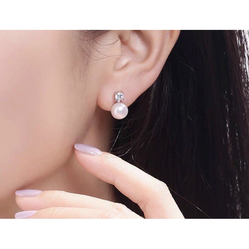 Khuyên tai tròn đính đá nhỏ đính quả cầu trắng nhân tạo 10ly bạc ta