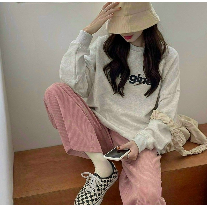 SET ÁO HODDIE TRẮNG XÁM IN CHỮ QUẦN NHUNG HỒNG KÈM ẢNH THẬT