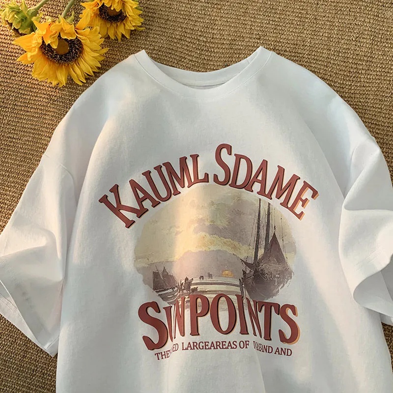 Áo Thun Tay Ngắn Dáng Rộng In Hình Phong Cảnh Phong Cách Hàn Quốc Thời Trang Cho Nữ