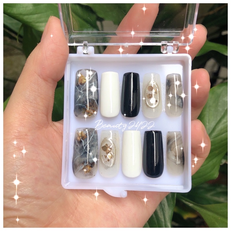 Nail box- Móng thiết kế tặng kèm dũa và keo dán mini- Mẫu Black Stone