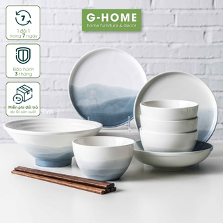 Combo bát đĩa sứ cao cấp 20 món Ghome, bộ bát đĩa ăn gia đình phong cách hiện đại, sang trọng BATDIA 20