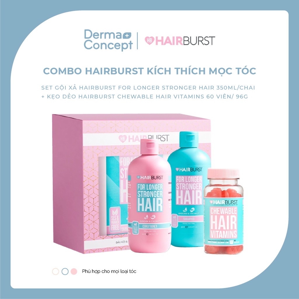 Combo Hairburst Kích Mọc Tóc (Set Gội Xả 350ml/chai + Kẹo Dẻo Vitamins 60 Viên) [NHẬP KHẨU CHÍNH HÃNG 100%]