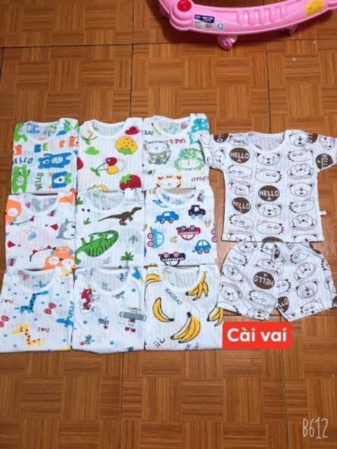 Bộ cotton giấy cộc tay cài vai cho bé trai bé gái sơ sinh từ 3-14kg hàng đẹp, giao màu ngẫu nhiên