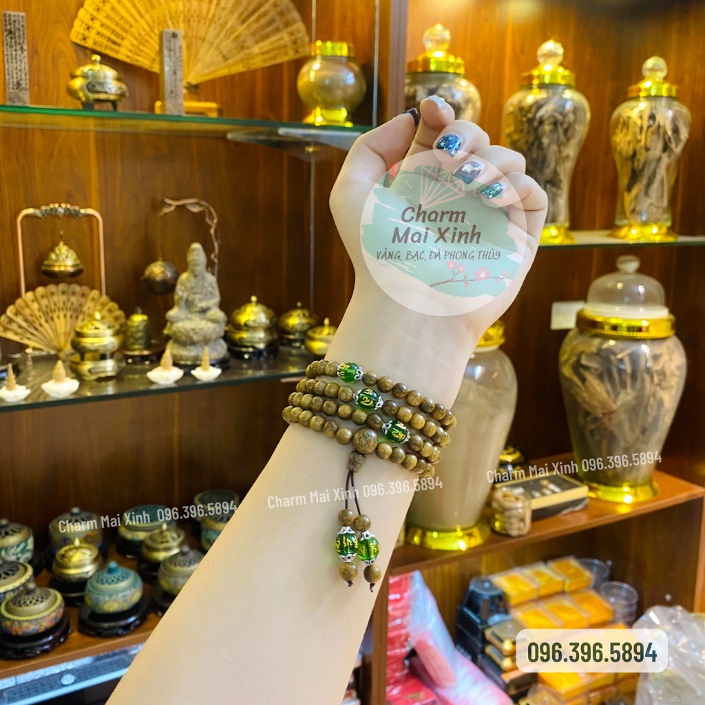 Chuỗi Trầm Hương Tốc 108 hạt 6mm + charm Đá Ngũ Bảo Tây Tạng khắc chú chữ Phạn Omani - Vòng Tay Gỗ tự nhiên Nam Nữ
