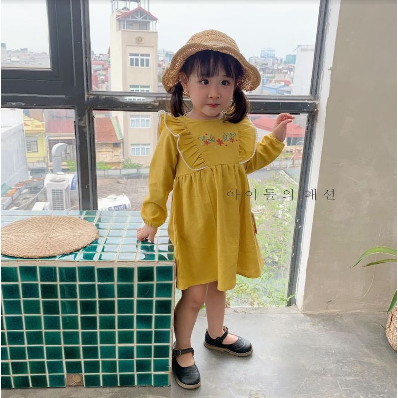 Đầm váy Linen thêu hoa bèo vai phối ren xuất Hàn cho bé