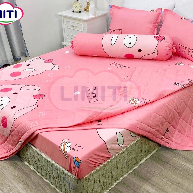 Bộ Chăn Hè Trần Bông Ga Gối 4 Món Cotton Poly Thoáng Mát Mẫu LỢN HỒNG TO