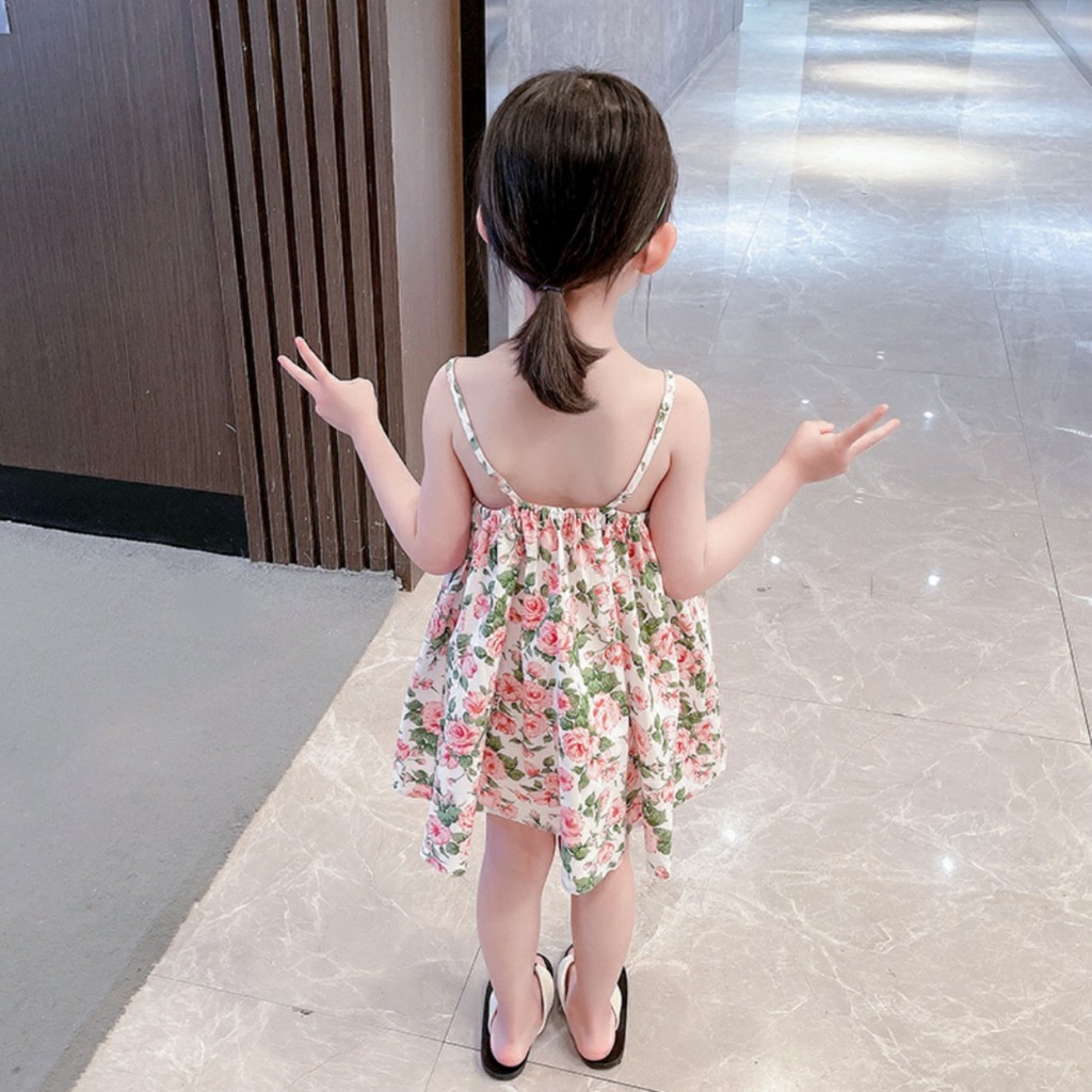 Váy cho bé gái hoa hồng 2 dây chun lưng từ 08-20kg