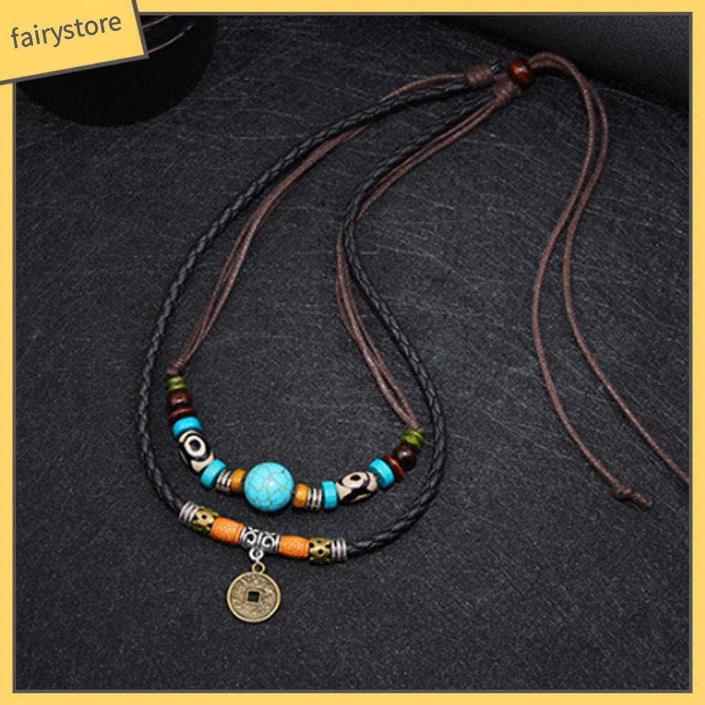 Dây chuyền hợp kim nhiều lớp đính ngọc lam giả &amp; đồng xu kiểu cách cổ điển