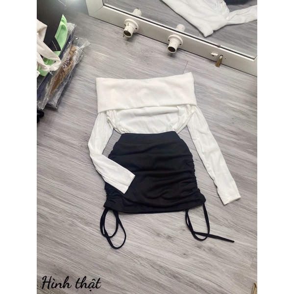 Set áo gân trễ vai tay dài và chân váy body rút dây 2 bên có may kèm lót quần