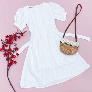 Đầm midi trắng xoè cổ vuông (kèm hình thật)