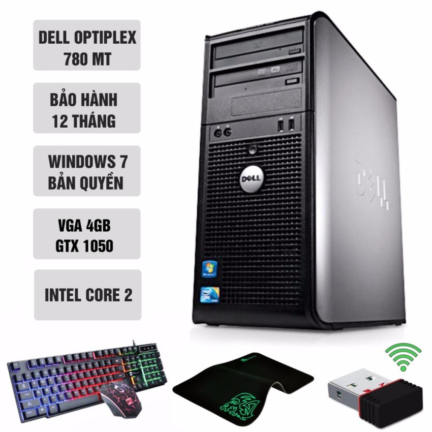 Máy tính chơi Game Khủng Dell Optiplex 780 MT (Core 2 QUAD Q9400, Ram 8GB, SSD 120GB, VGA GTX 1050 4GB) + Quà Tặng
