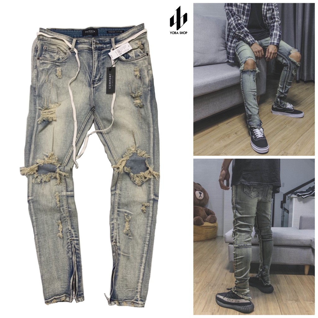 QUẦN JEANS NAM XANH RÁCH GỐI ZIPPER (ảnh thật 100%) MÃ J2009