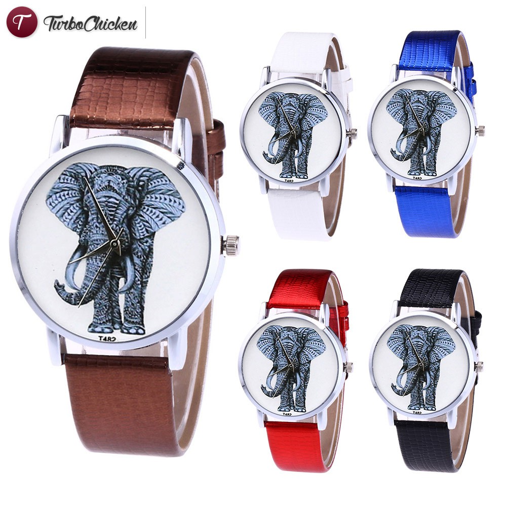 #Đồng hồ đeo tay# Couple Watches Quartz Watch Casual Watch for Men and Women with Faux Leather Band Cattoon Elephant Printed