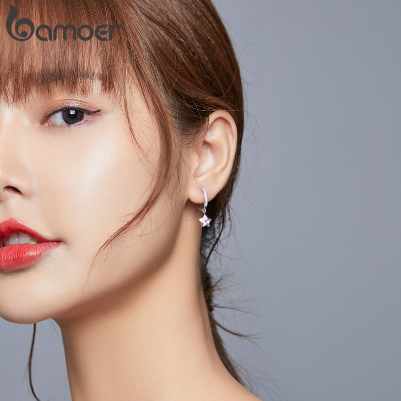 Khuyên tai Bamoer BSE414 Bạc 925 thiết kế hình ngôi sao màu hồng lấp lánh thời trang cho nữ