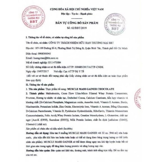 Tăng Cân Túi 1Kg Muscle Mass Gainer Chính Hãng BBT