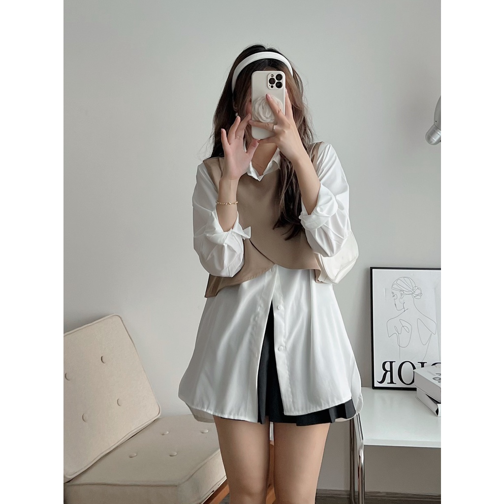 Set áo sơ mi 2 món mix áo gile, set áo sơ mi mix gile kiểu