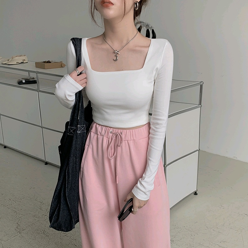 Áo thun nữ Croptop tay dài cổ vuông, phom ôm, chất cotton ANHSTORE , phong cách Hàn Quốc