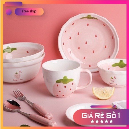 Bộ Chén Dĩa Sứ Dâu Tây Màu Hồng Dễ Thương Cute Bát Đĩa Decor Cao Cấp