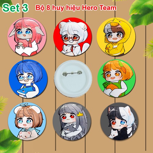 Set huy hiệu Hero Team 8 nhân vật (kích thước 5,8cm, dùng cài cặp sách, balo, áo ...)