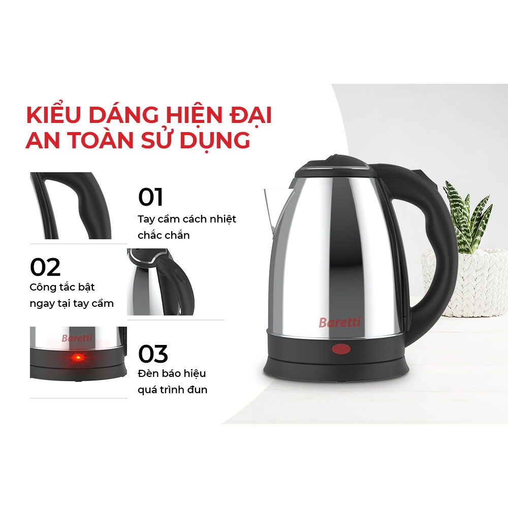 Ấm Siêu Tốc Inox - Bình Đun Nước Siêu Tốc Inox Baretti BRD180 - Hàng Chính Hãng (Bảo Hành 12 Tháng)