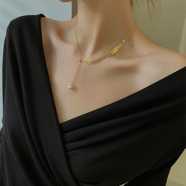 Vòng cổ Sợi Xích Lúa Mì Đính Ngọc Trai Phong Cách Harajuku Đơn Giản Cá Tính