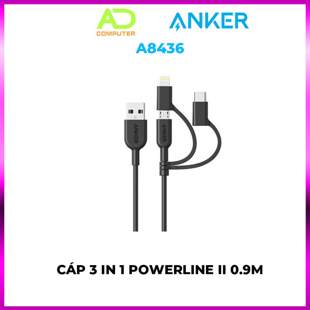Cáp 3 in 1 ANKER Powerline II 0.9M - A8436 (Lightning - Type C - Micro USB)