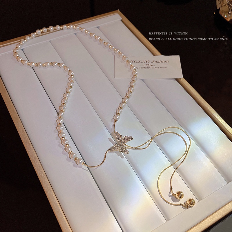 Vòng cổ Dài Mặt Hình Bướm Đính Ngọc Trai Thời Trang