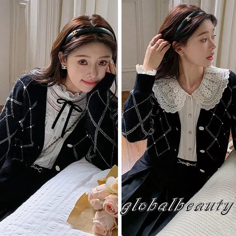 Áo khoác cardigan dệt kim tay dài cổ chữ V cài khuy họa tiết kẻ sọc đính hoa thời trang mùa thu cho nữ