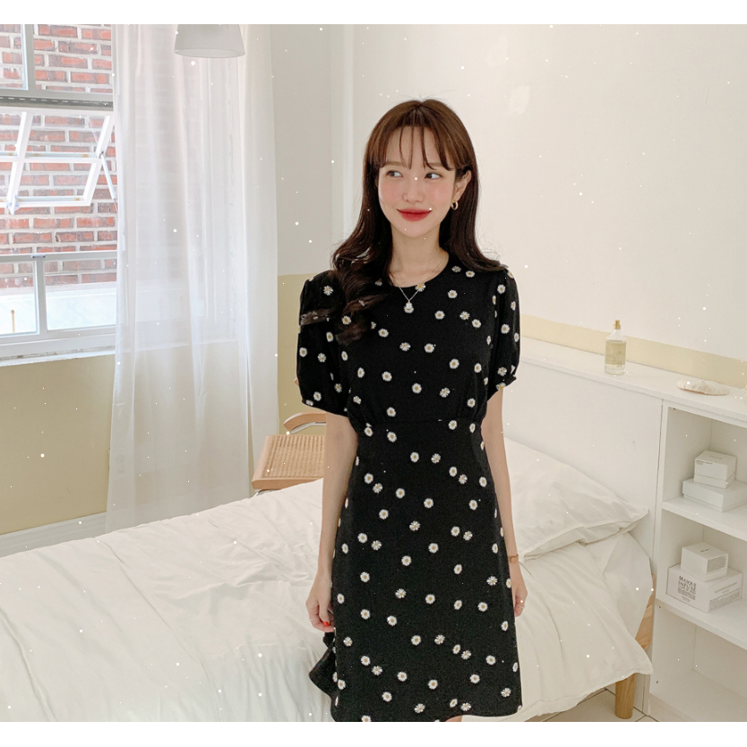 SUXI Đầm họa tiết hoa cúc thời trang hè tay ngắn dành cho nữ