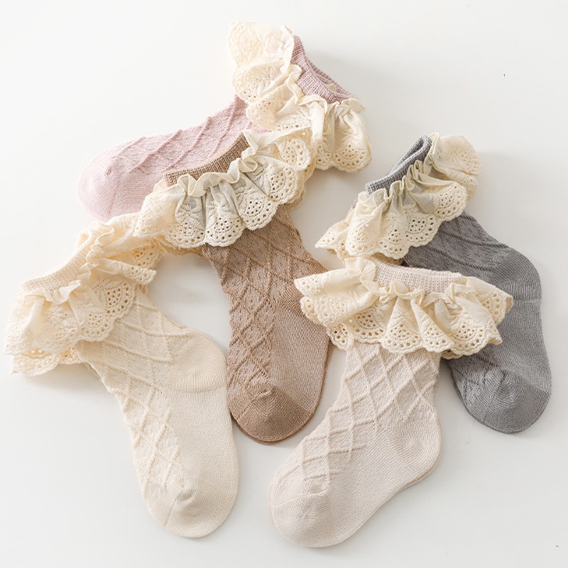 Vớ Cotton Mềm Phối Ren Nhún Bèo Kiểu Công Chúa Ngọt Ngào Thời Trang Xuân Thu Cho Bé Gái Sơ Sinh